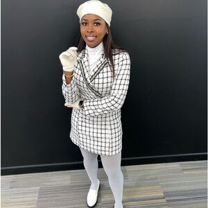 Large white tweed plaid coat dress